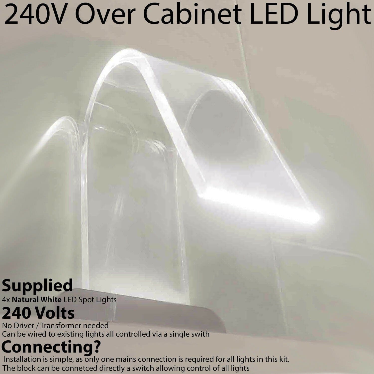 4x Over Cabinet LED Kit NATURAL Curved Glass Light Bathroom Make Up Lamp