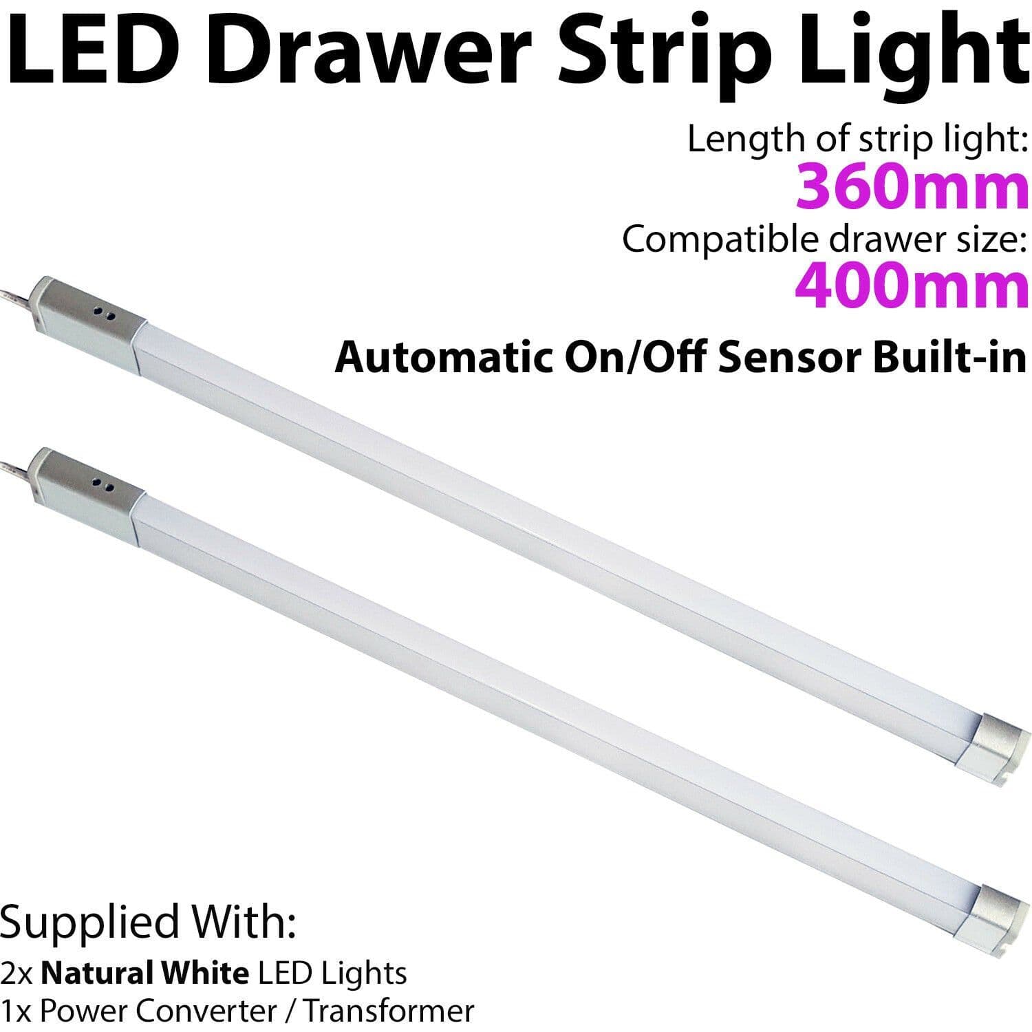 2x 400mm LED Drawer Strip Light AUTO ON OFF PIR SENSOR Kitchen Cupboard Door