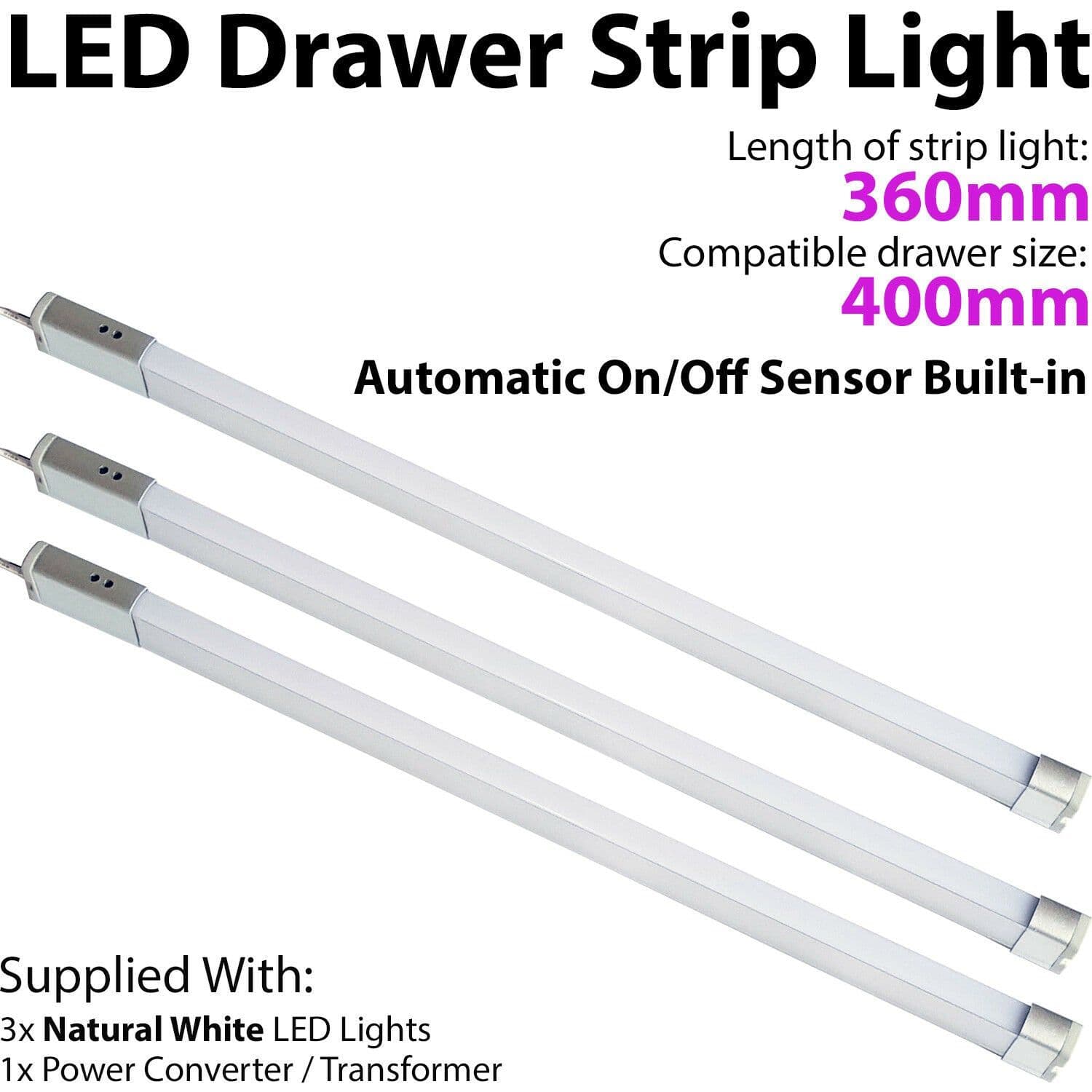 3x 400mm LED Drawer Strip Light AUTO ON OFF PIR SENSOR Kitchen Cupboard Door
