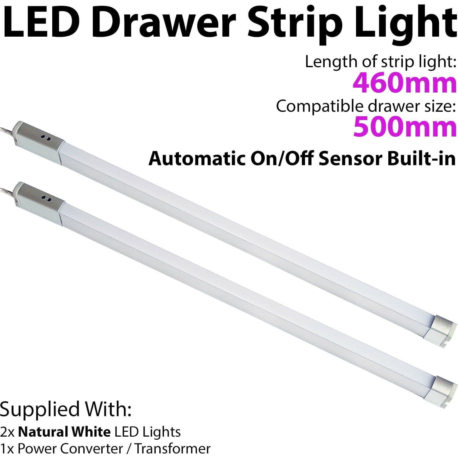 2x 500mm LED Drawer Strip Light AUTO ON OFF PIR SENSOR Kitchen Cupboard Door