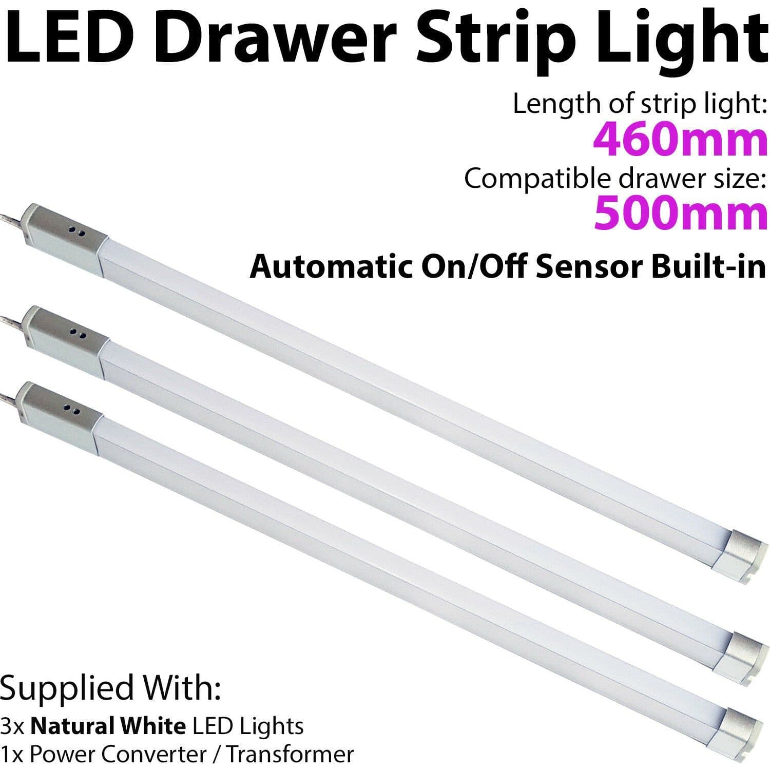3x 500mm LED Drawer Strip Light AUTO ON OFF PIR SENSOR Kitchen Cupboard Door