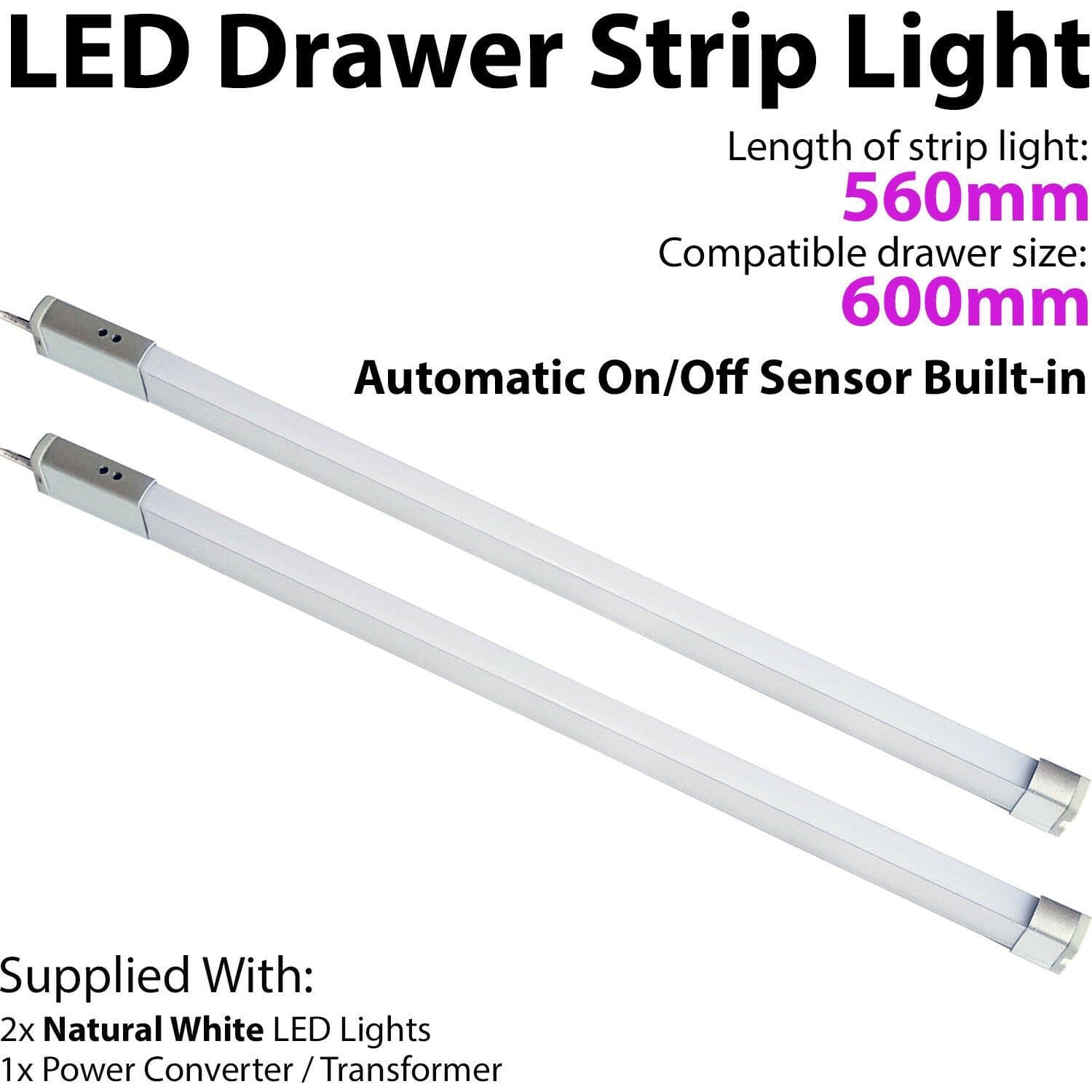 2x 600mm LED Drawer Strip Light AUTO ON OFF PIR SENSOR Kitchen Cupboard Door
