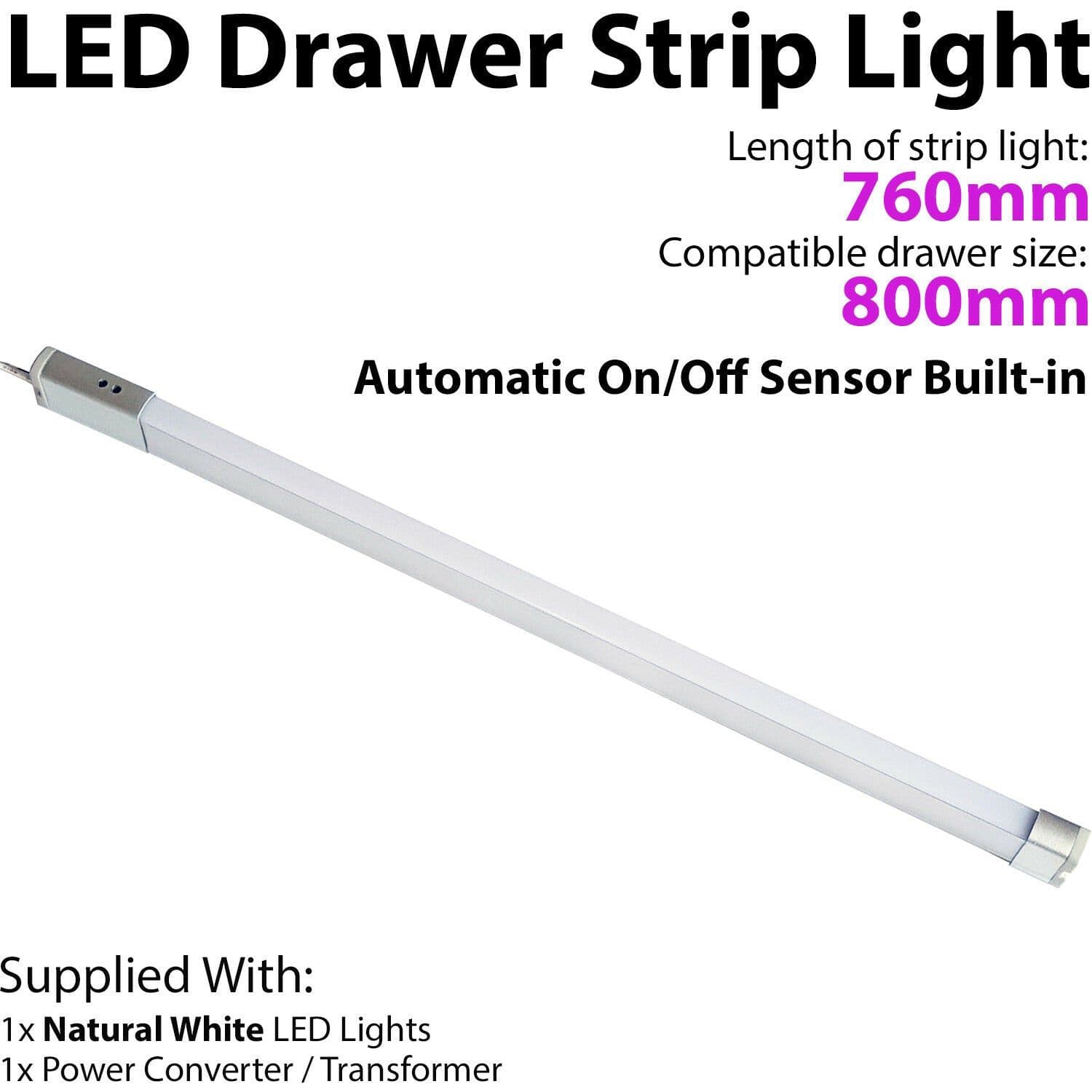 800mm LED Drawer Strip Light AUTO ON OFF PIR SENSOR Kitchen Cupboard Door Unit