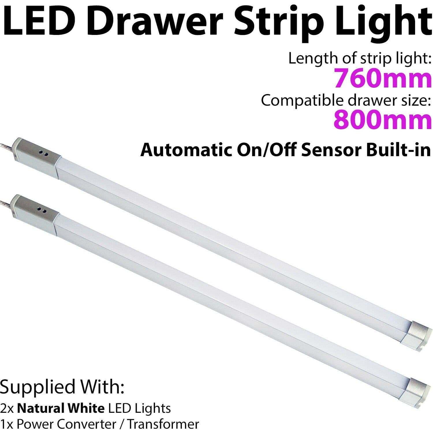 2x 800mm LED Drawer Strip Light AUTO ON OFF PIR SENSOR Kitchen Cupboard Door