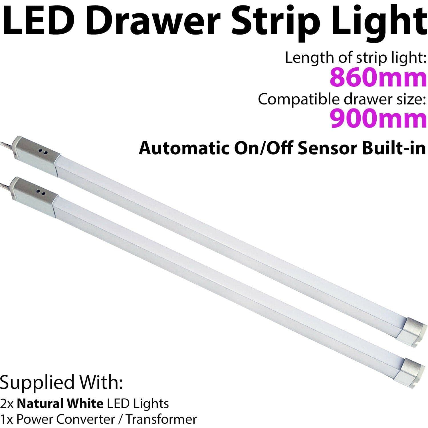 2x 900mm LED Drawer Strip Light AUTO ON OFF PIR SENSOR Kitchen Cupboard Door