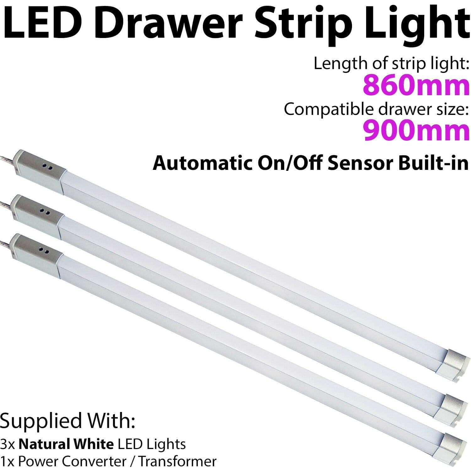 3x 900mm LED Drawer Strip Light AUTO ON OFF PIR SENSOR Kitchen Cupboard Door