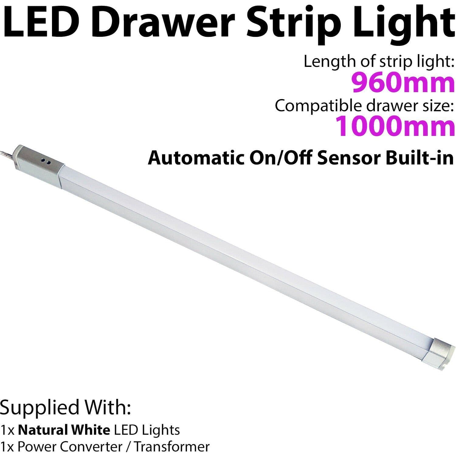 1000mm LED Drawer Strip Light AUTO ON/OFF PIR SENSOR Kitchen Cupboard Door Unit