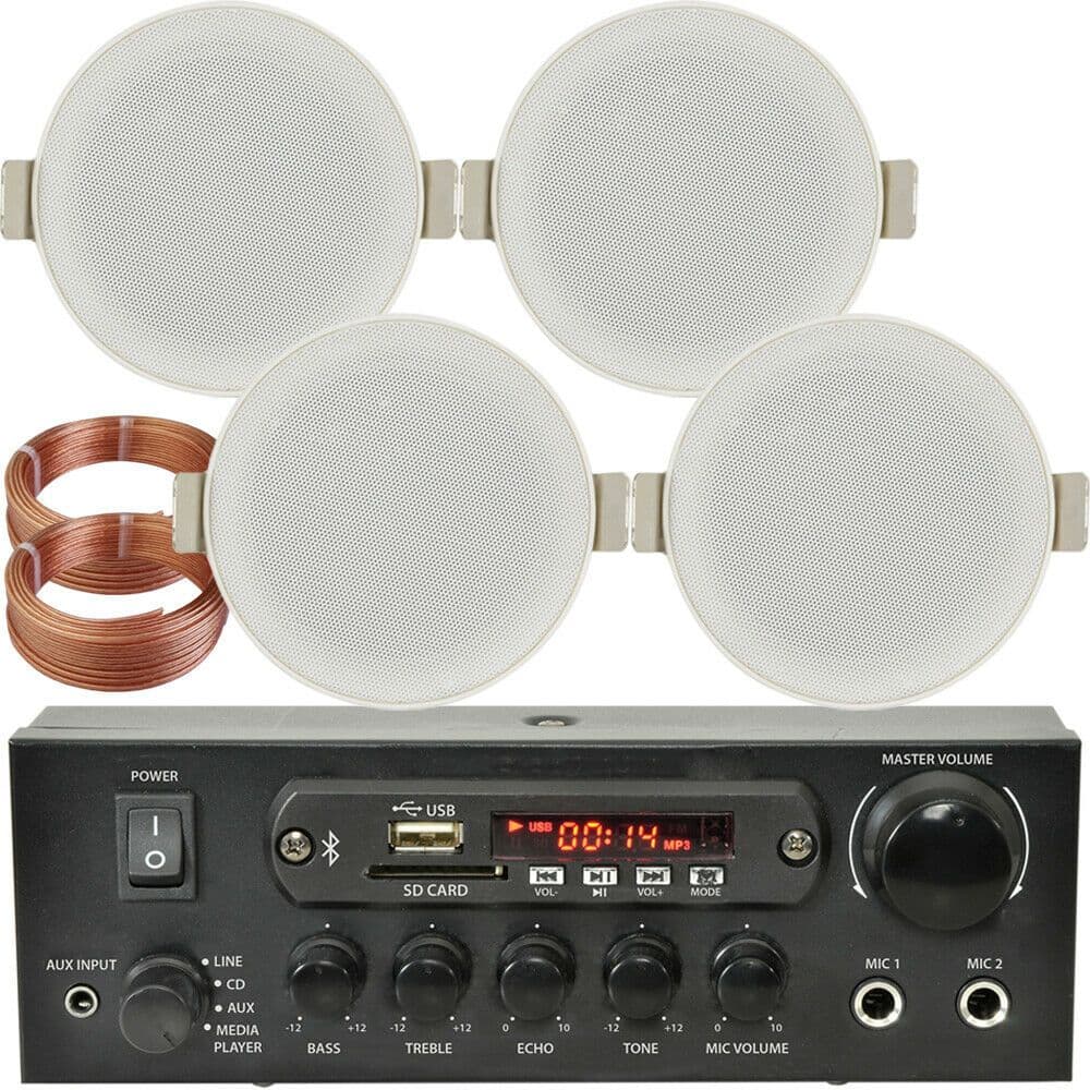 Bluetooth Ceiling Music Kit PRO Amp & 4 Low Profile Speakers Stereo HiFi Sound
