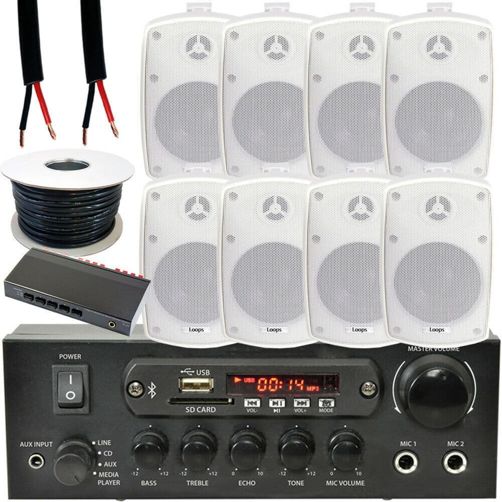 4 Zone Bluetooth Kit 8x 60W Outdoor Speakers Stereo Amplifier Garden BBQ