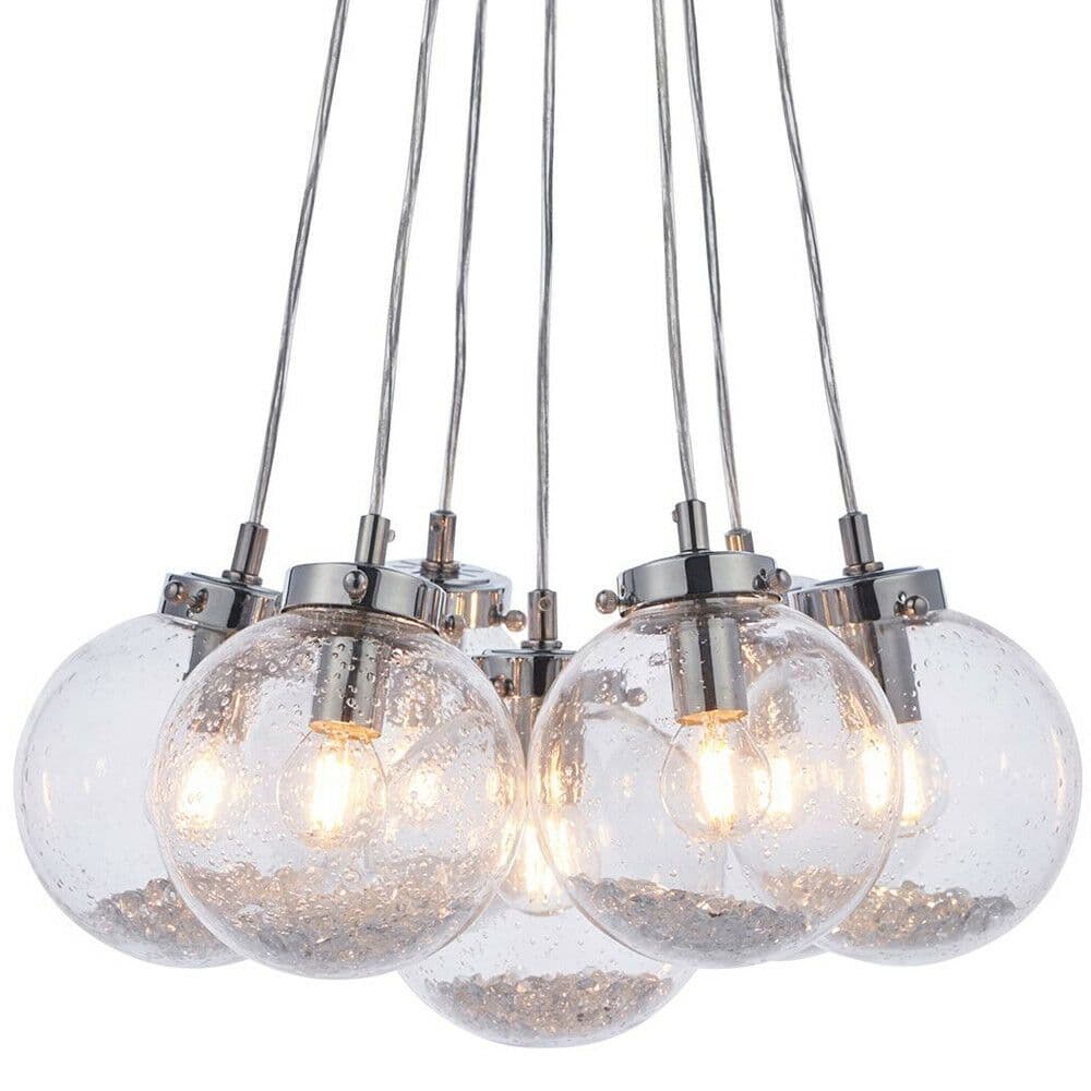 Light Ceiling Pendant CHROME & GLASS 7 Bulb Modern Round Shade Drop Lamp