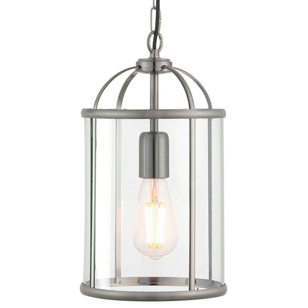 Hanging Ceiling Pendant Light Nickel & Glass Lantern Box Shade Lamp Bulb Holder