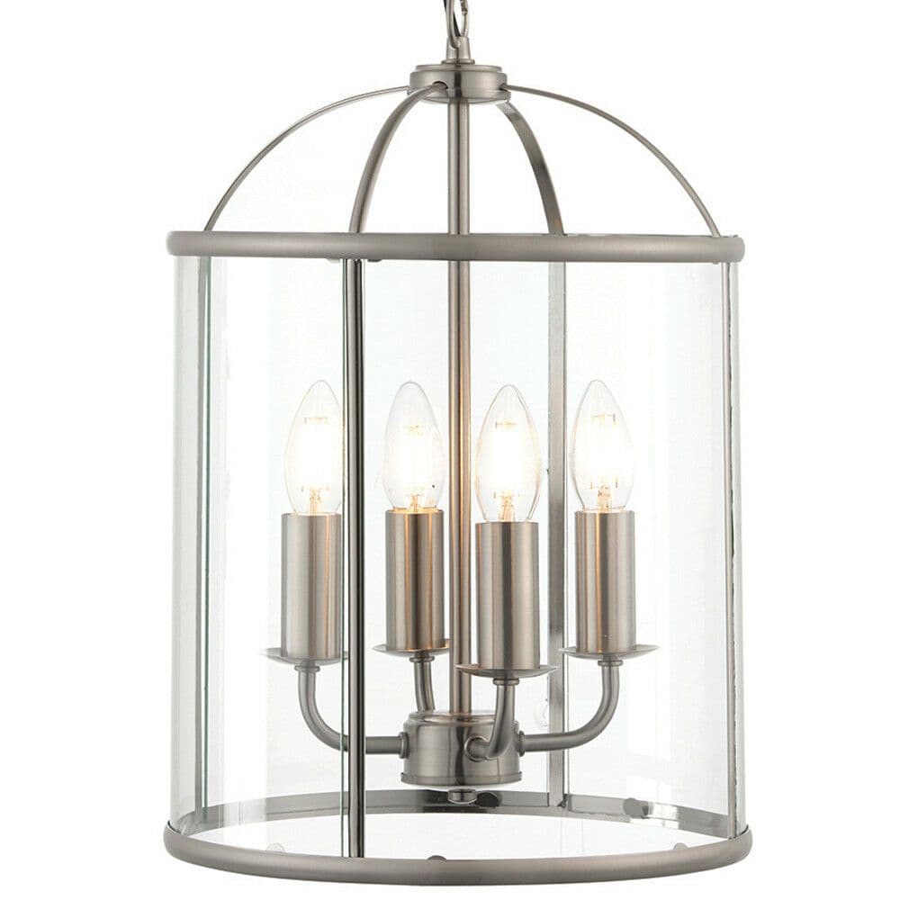 4 Light Hanging Ceiling Pendant Nickel & Glass Lantern Shade Lamp Bulb Holder