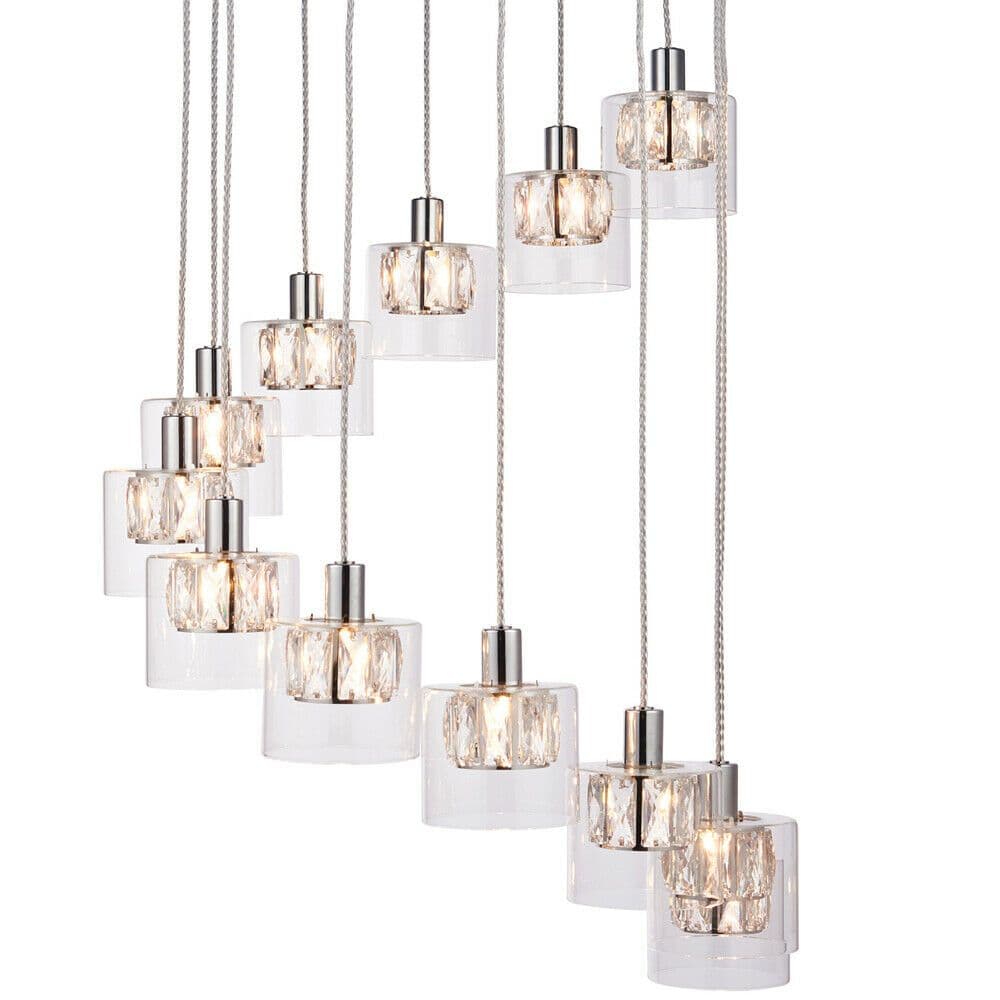Light Ceiling Pendant 12 Bulb Chrome & Crystal Chandelier Height Drop Lamp
