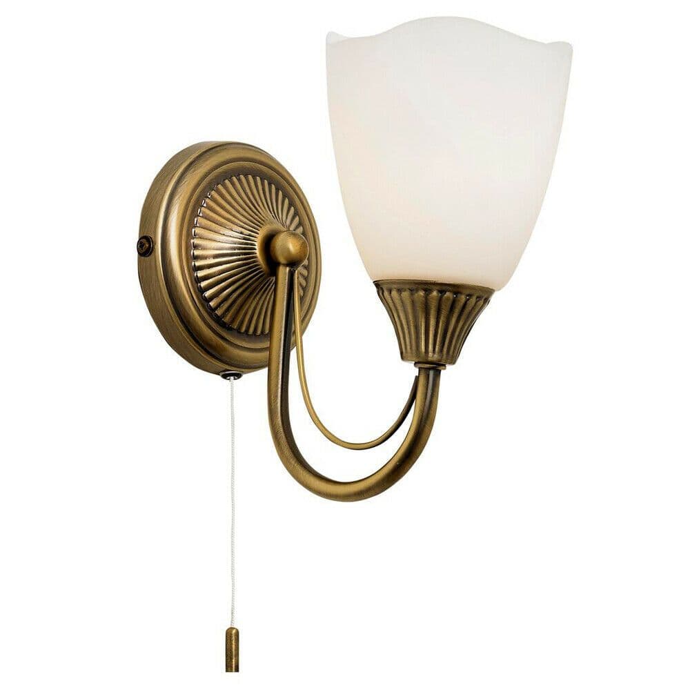 Dimmable LED Wall Light Pattern Antique Brass & Opal Glass Shade Curved Arm Lamp