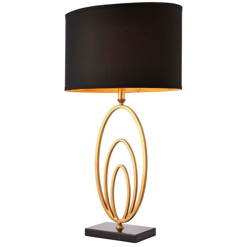 Modern Table Lamp Light Gold Loop Ring & Marble Square Base Round Shade