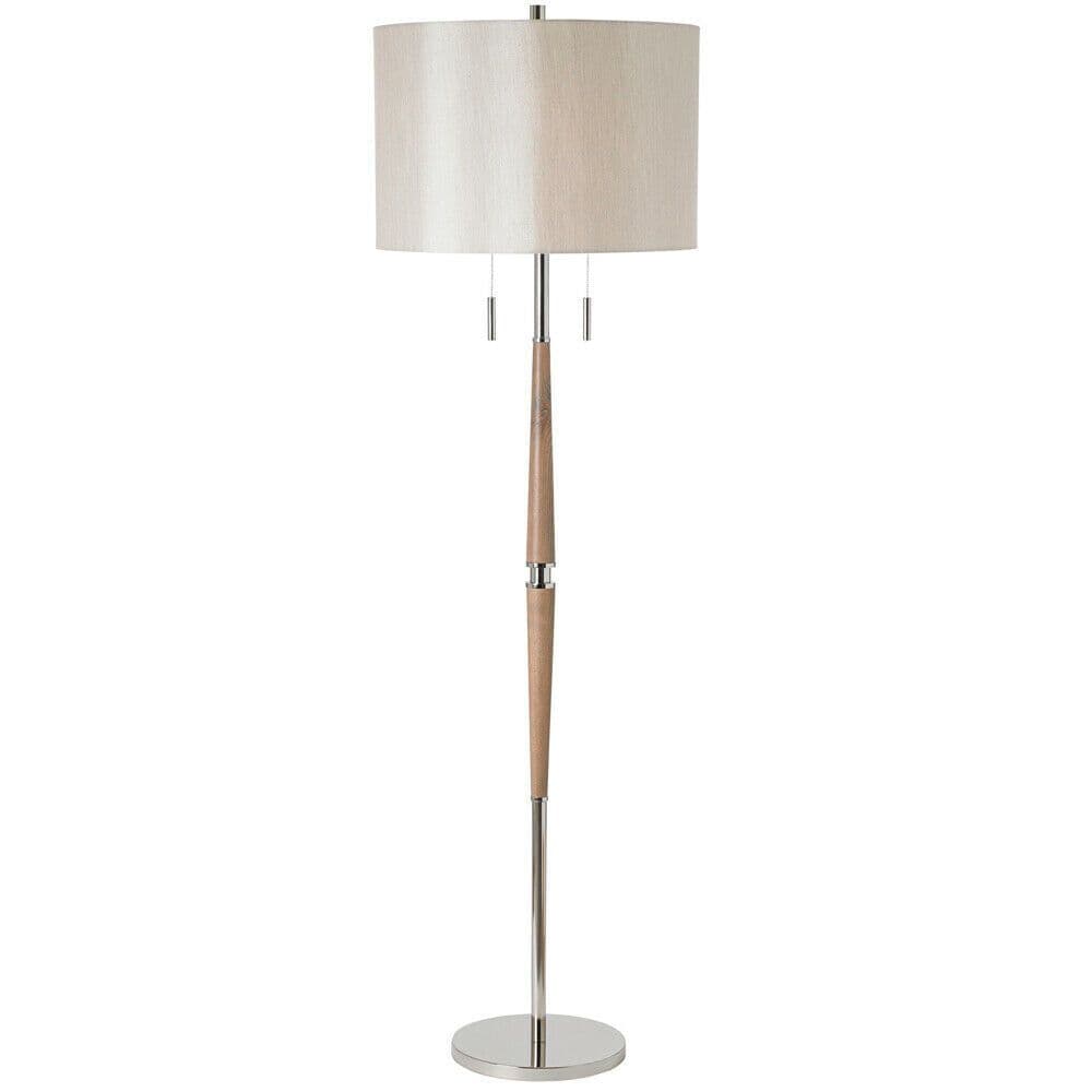 Polished Nickel Floor Lamp - Decorative Wooden Stem - Requires 2 x E27 GLS Bulbs