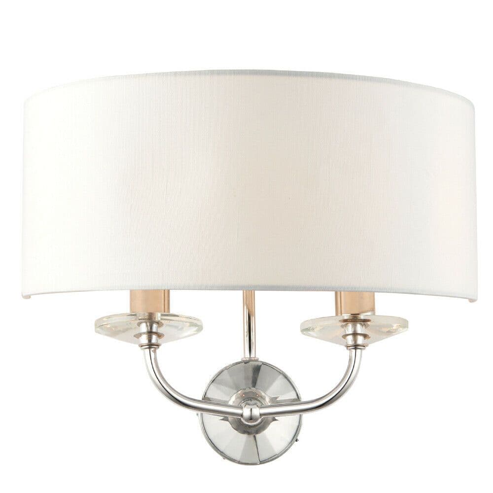 Dimmable Twin Wall Light Nickel & Fabric Shade Curved Arm Lamp Fitting