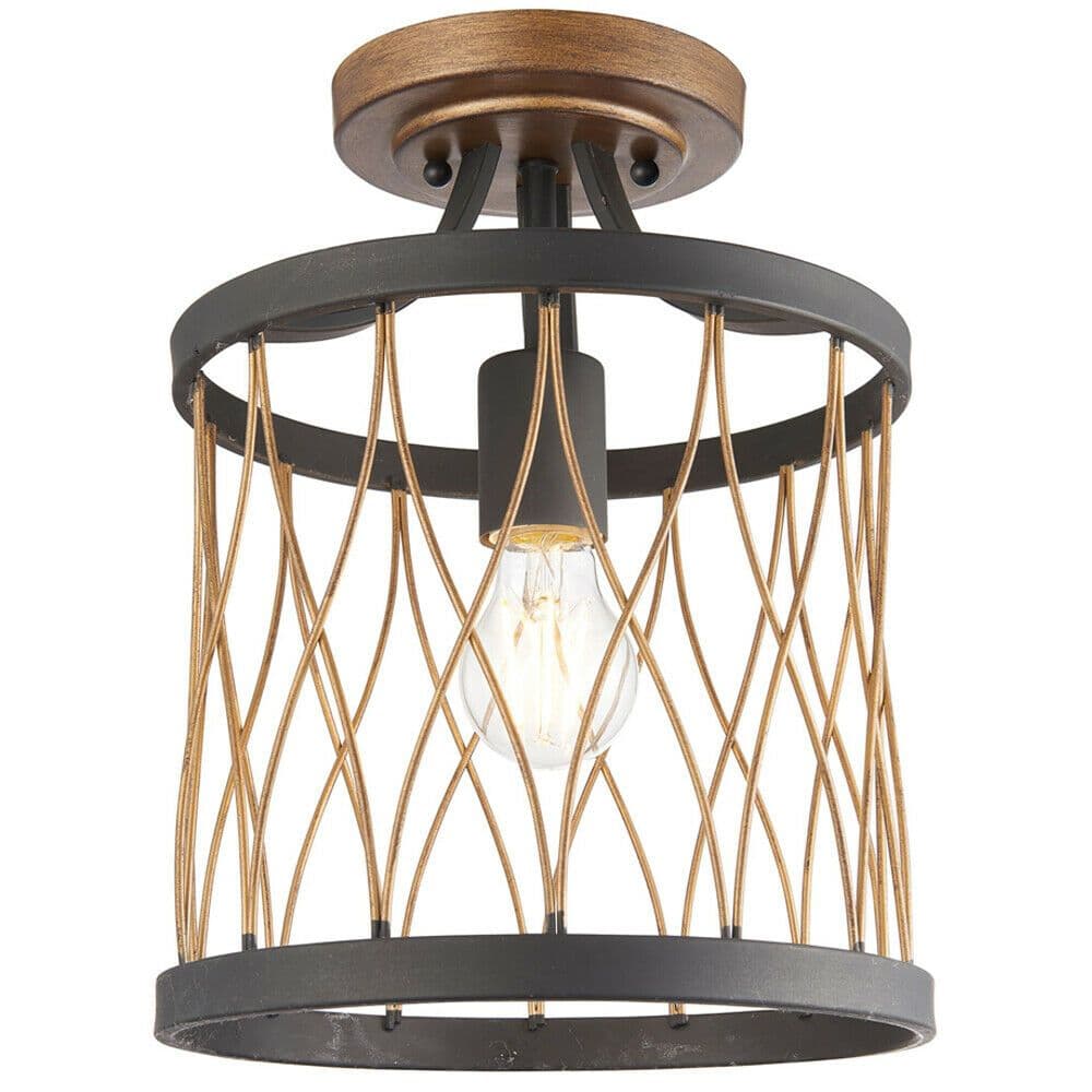 Flush Ceiling Mount Light & Bronze Round Rustic Vintage Metal Wire Lamp