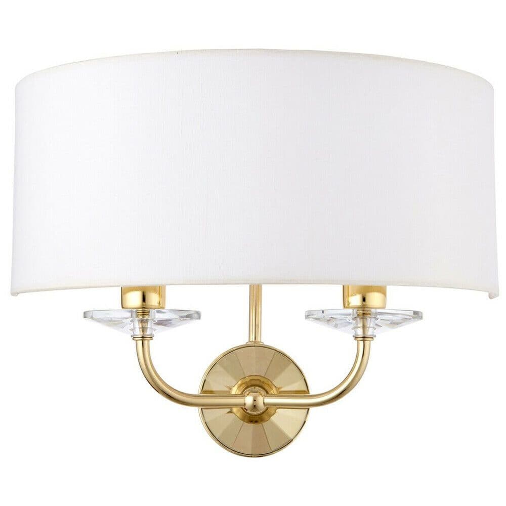 Dimmable Twin Wall Light Brass Glass Fabric Shade Curved Arm Lamp Fitting