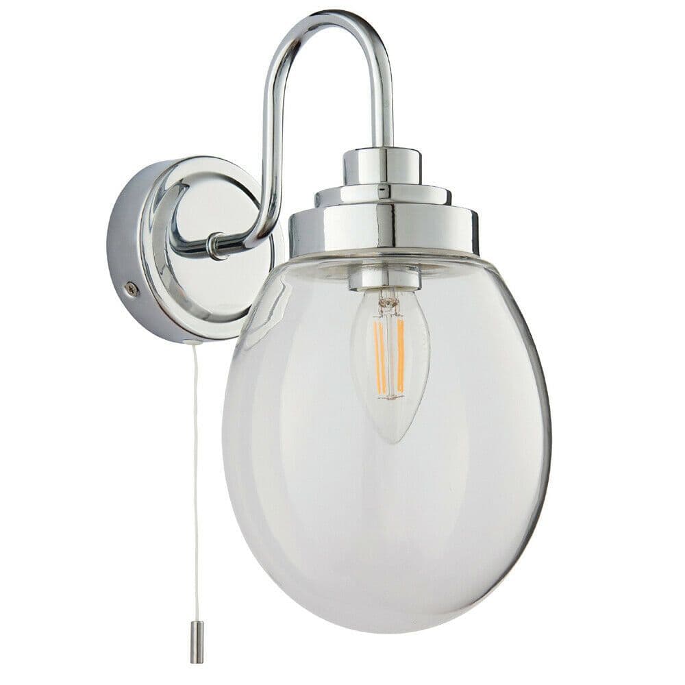 IP44 Bathroom Wall Light Chrome & Round Glass Modern Curved Arm Oval Lamp