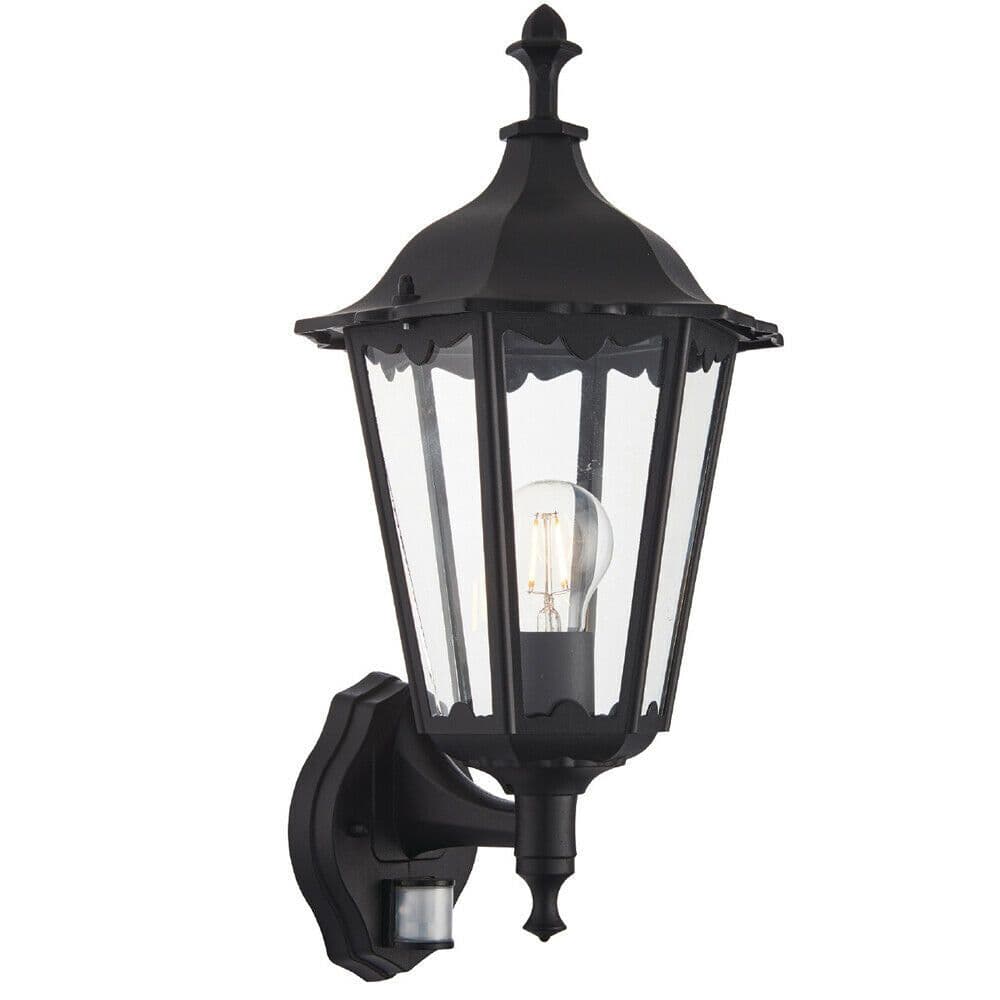 IP44 Outdoor PIR Light Matt Black & Glass Traditional Wall Lantern Porch Motion
