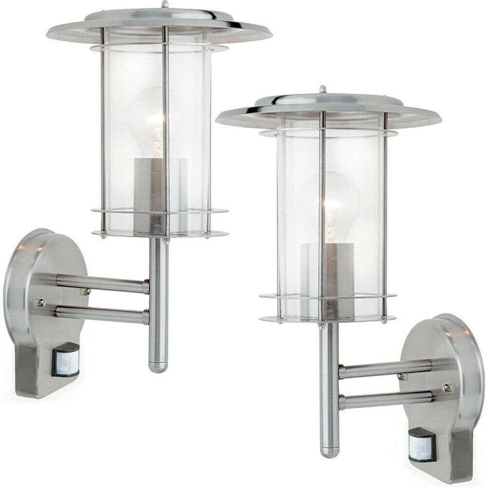 2 PACK IP44 Outdoor Wall Light Stainless Steel Lantern Glass Round PIR Outdoor