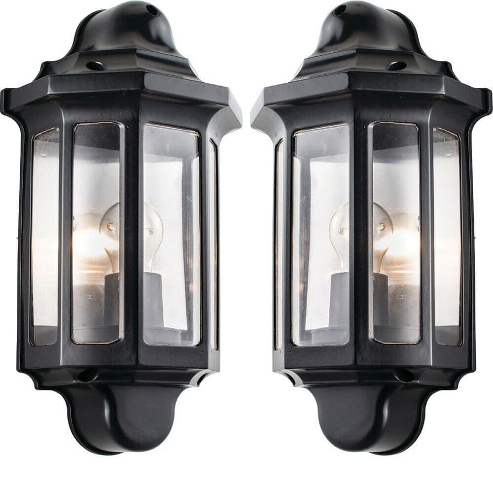 2 PACK IP44 Outdoor Wall Light Satin Black Half Traditional Dimmable Porch Lamp