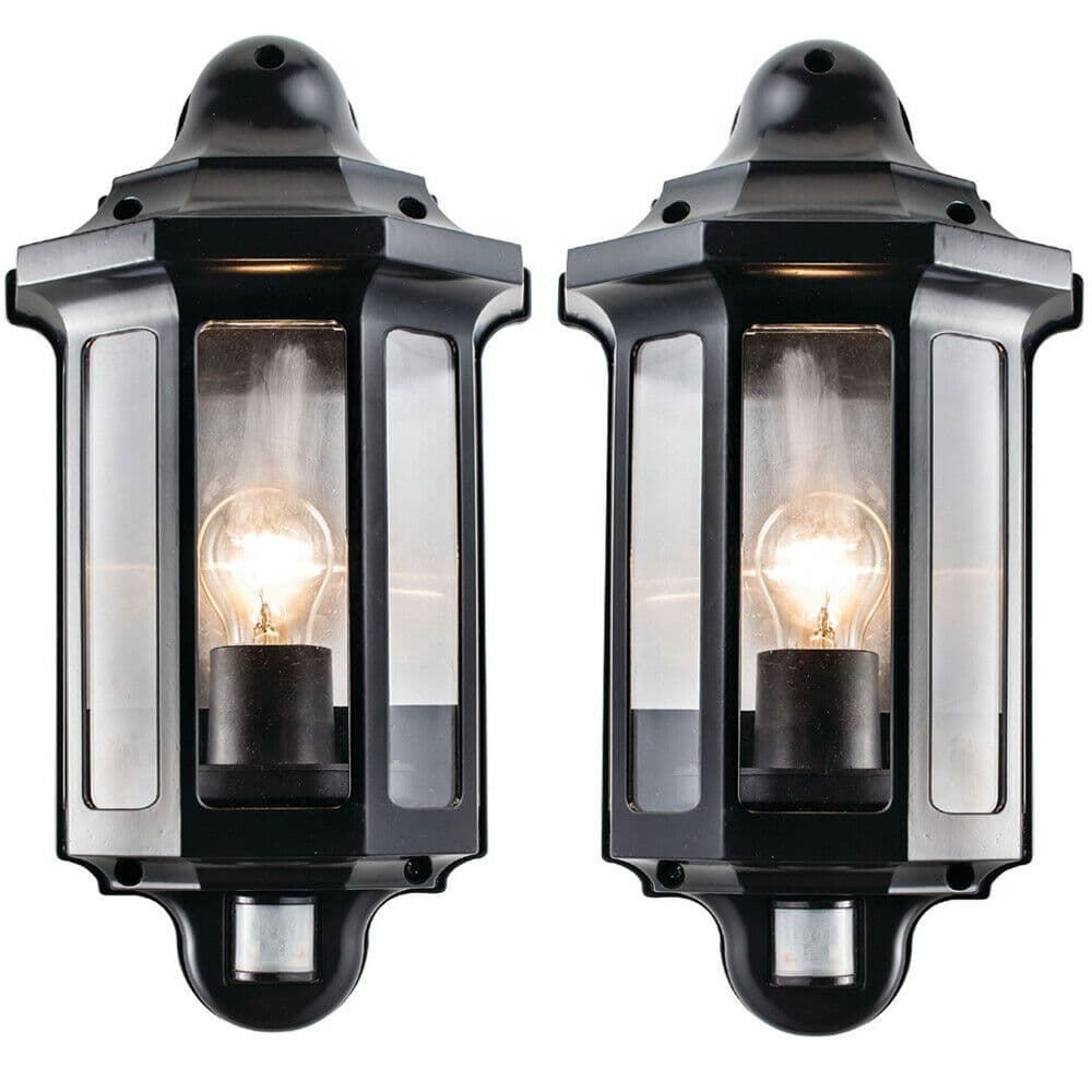 2 PACK IP44 Outdoor Wall Light Satin PIR Half Lantern Traditional Porch