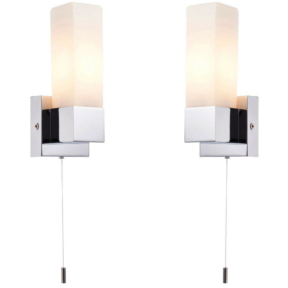 2 PACK IP44 Bathroom Wall Light Chrome & Frosted Glass Modern Rectangle Fitting