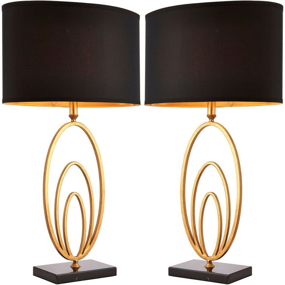 2 PACK Modern Table Lamp Light Gold Ring & Black Marble Square Base Round Shade