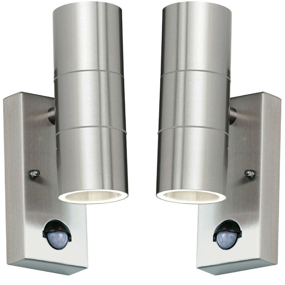 2 PACK IP44 Outdoor Accent Light & PIR GU10 Stainless Steel Up & Down Wall Lamp