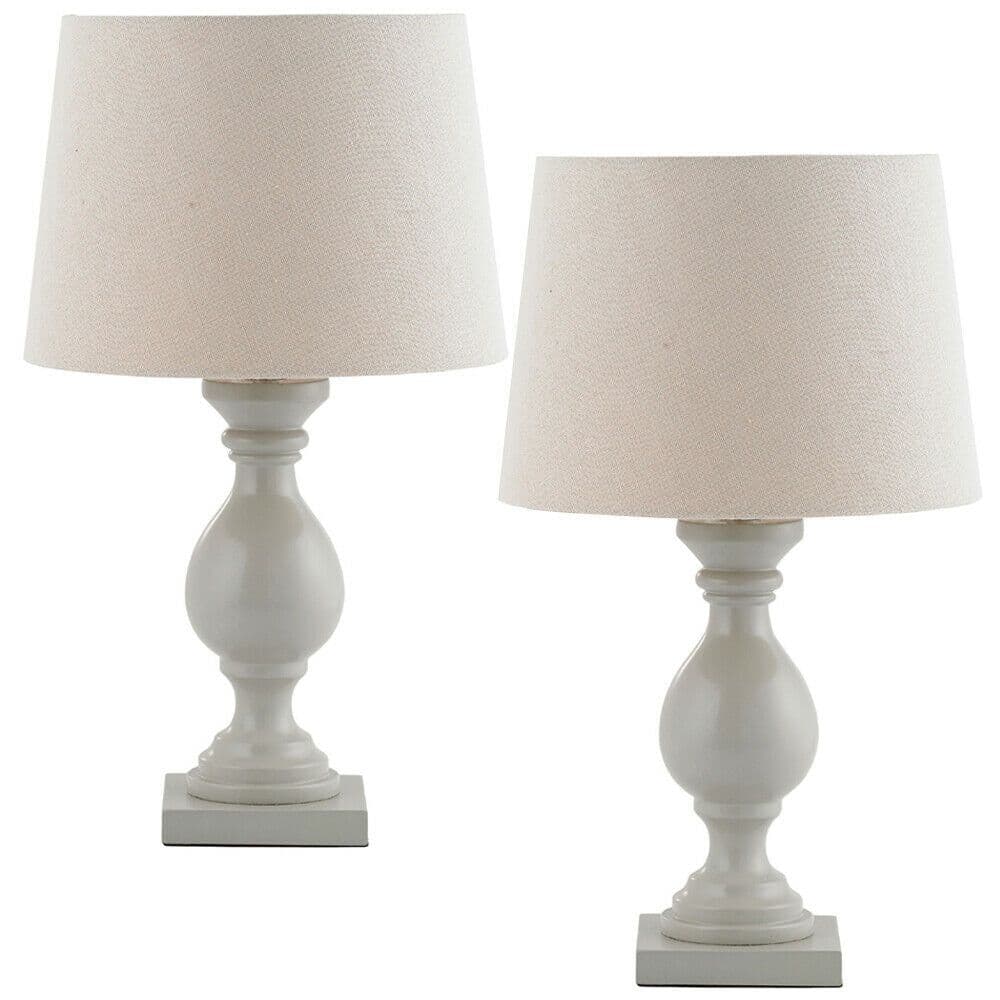 2 PACK Classic Wooden Table Lamp Taupe & Off White Shade Pretty Bedside Light