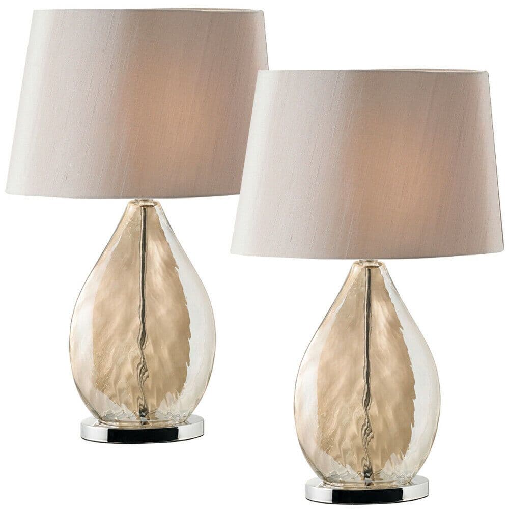 2 PACK Table Lamp & Shade Tinted Glass & Mink Fabric Pretty Bedside Light