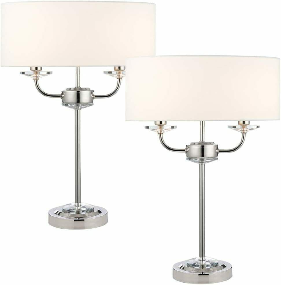 2 PACK Twin Light Table Lamp Bright Nickel & Shade Crystal Trim Bedside