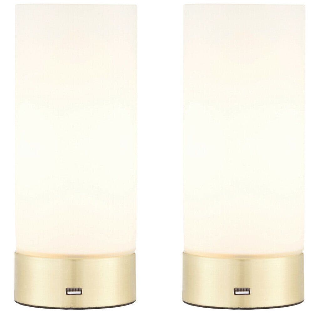 2 PACK - Touch Dimmable Table Lamp Brass & Frosted Glass Shade Light USB Charger