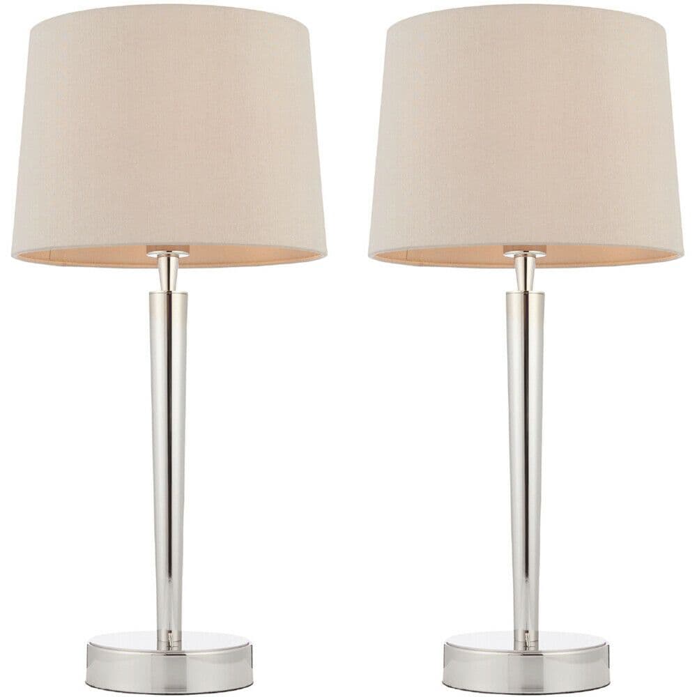 2 PACK Modern Table Lamp & USB Charger Nickel & Mink Shade Metal Bedside Light
