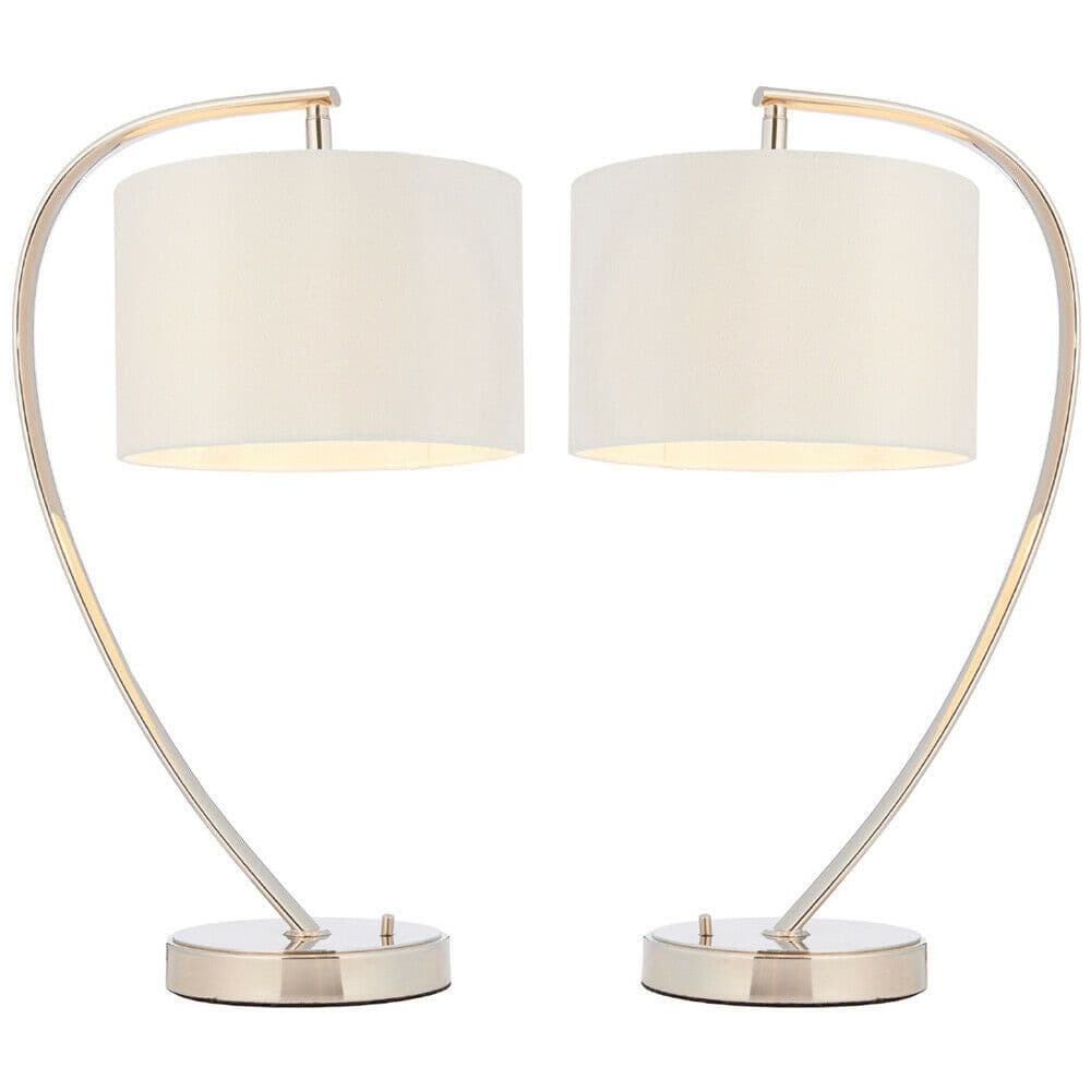 2 PACK Modern Curved Arm Table Lamp Nickel & White Shade Bedside Feature Light