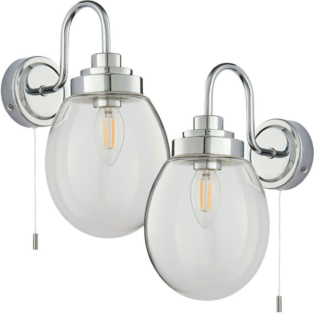 2 PACK IP44 Bathroom Wall Light Chrome & Round Glass Curved Arm Oval Lamp
