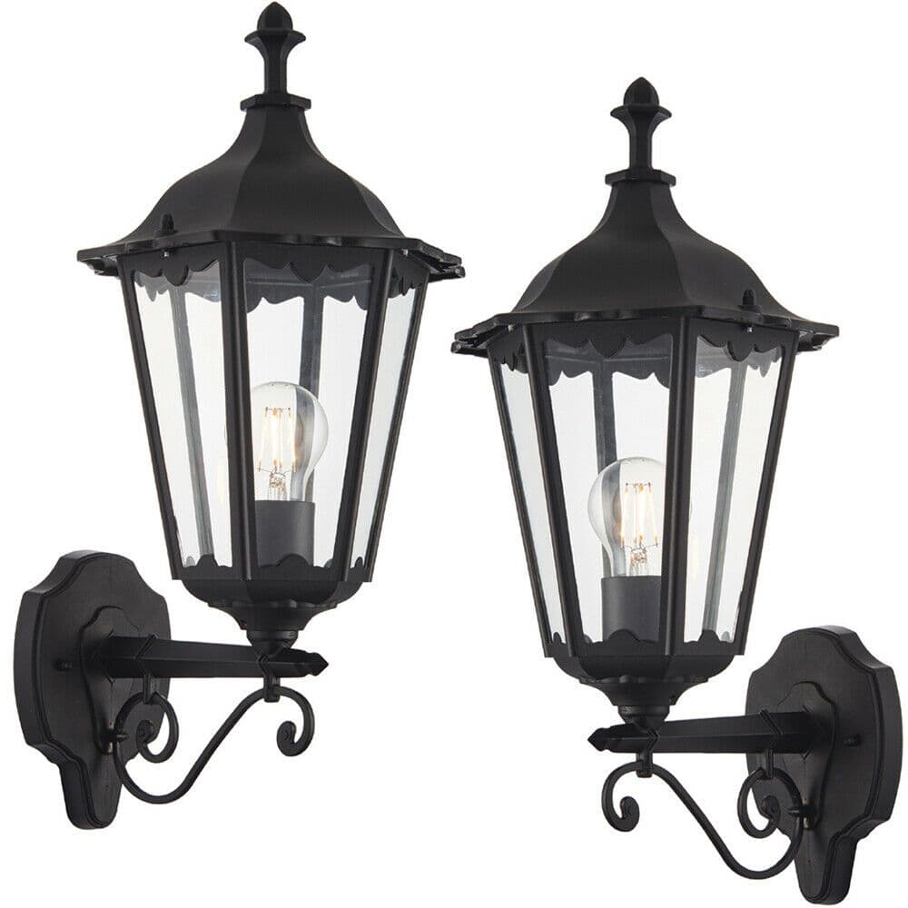 2 PACK IP44 Outdoor Wall Light Matt Black & Glass Traditional Lantern Dimmable