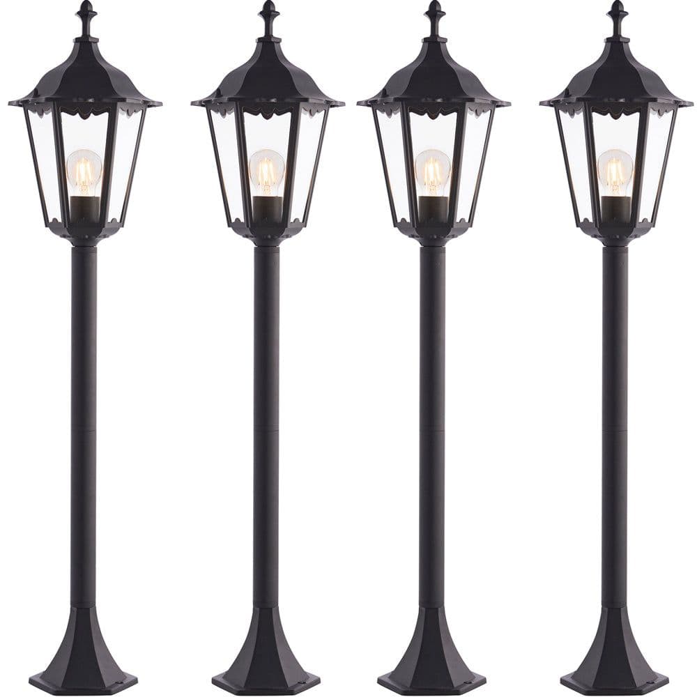 4 PACK Outdoor Lamp Post Lantern Bollard Light Matt & Glass 1m Tall LED
