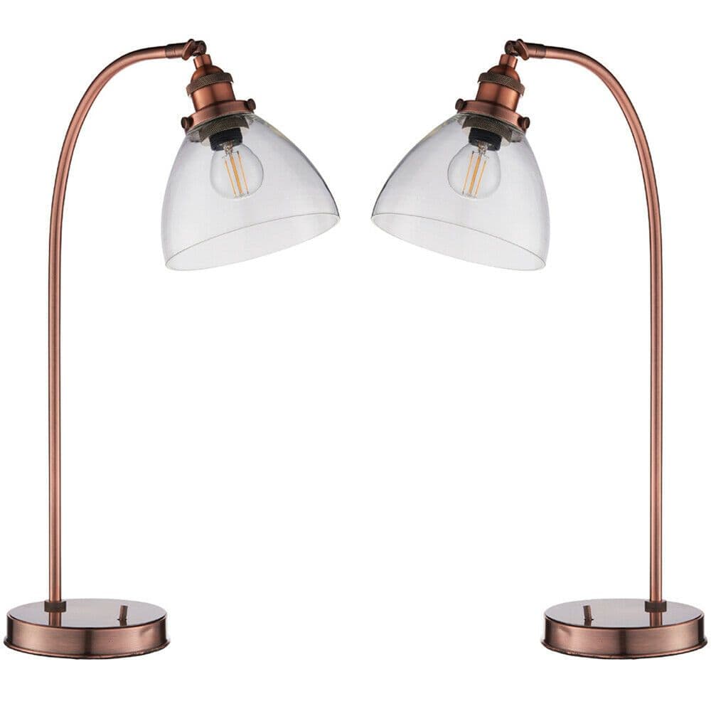 2 PACK Industrial Curved Table Lamp Tarnished Copper Glass Modern Bedside Light