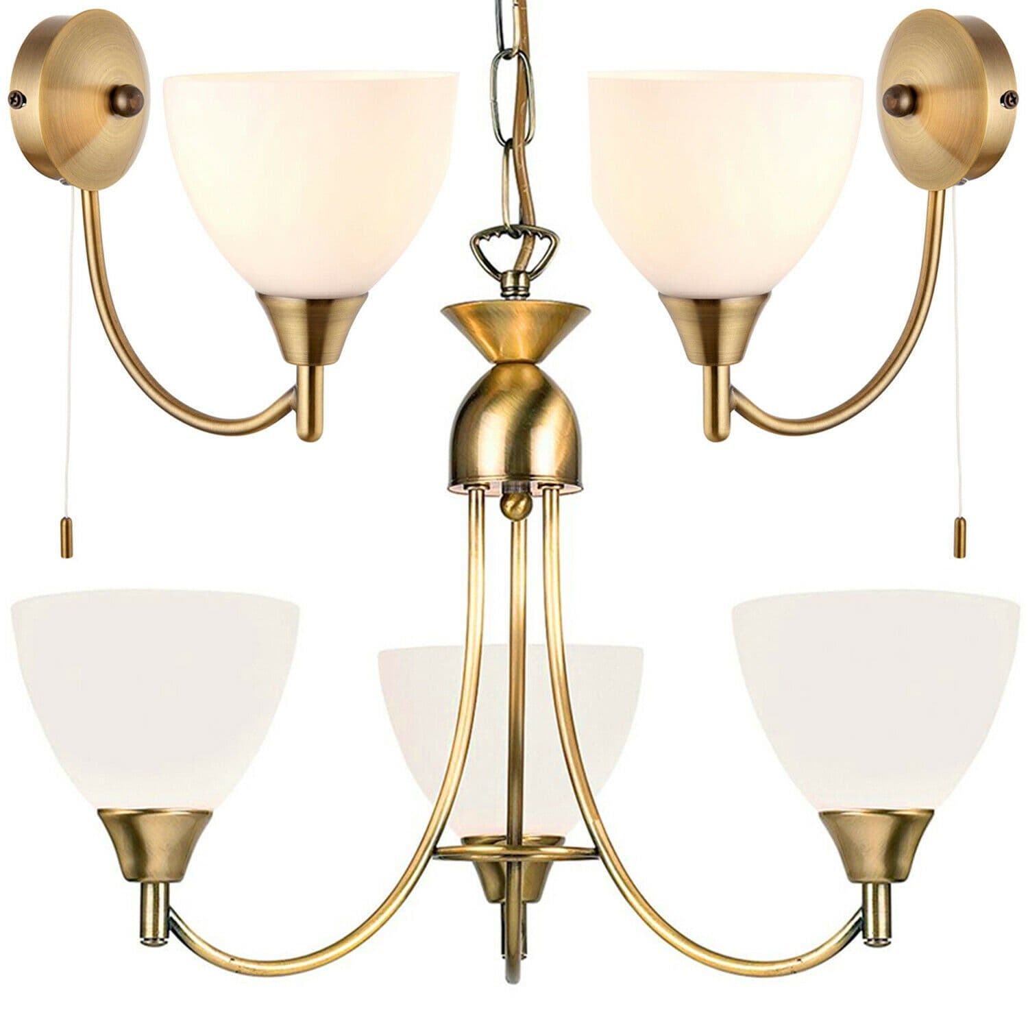 3 Lamp Ceiling & 2x Wall Light Pack Antique Brass Glass Matching Indoor Fittings