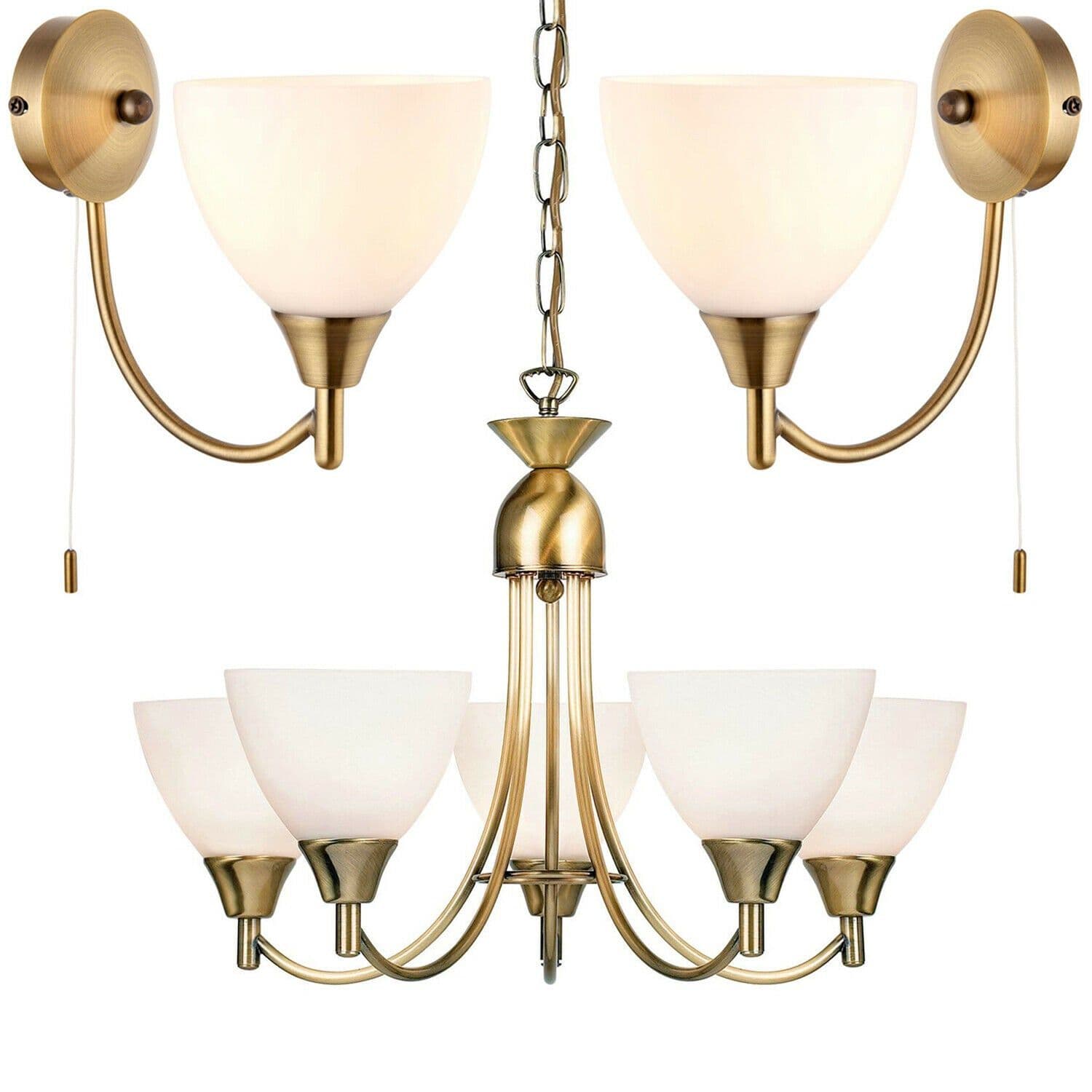 5 Lamp Ceiling & 2x Wall Light Pack Antique Brass Glass Matching Indoor Fittings