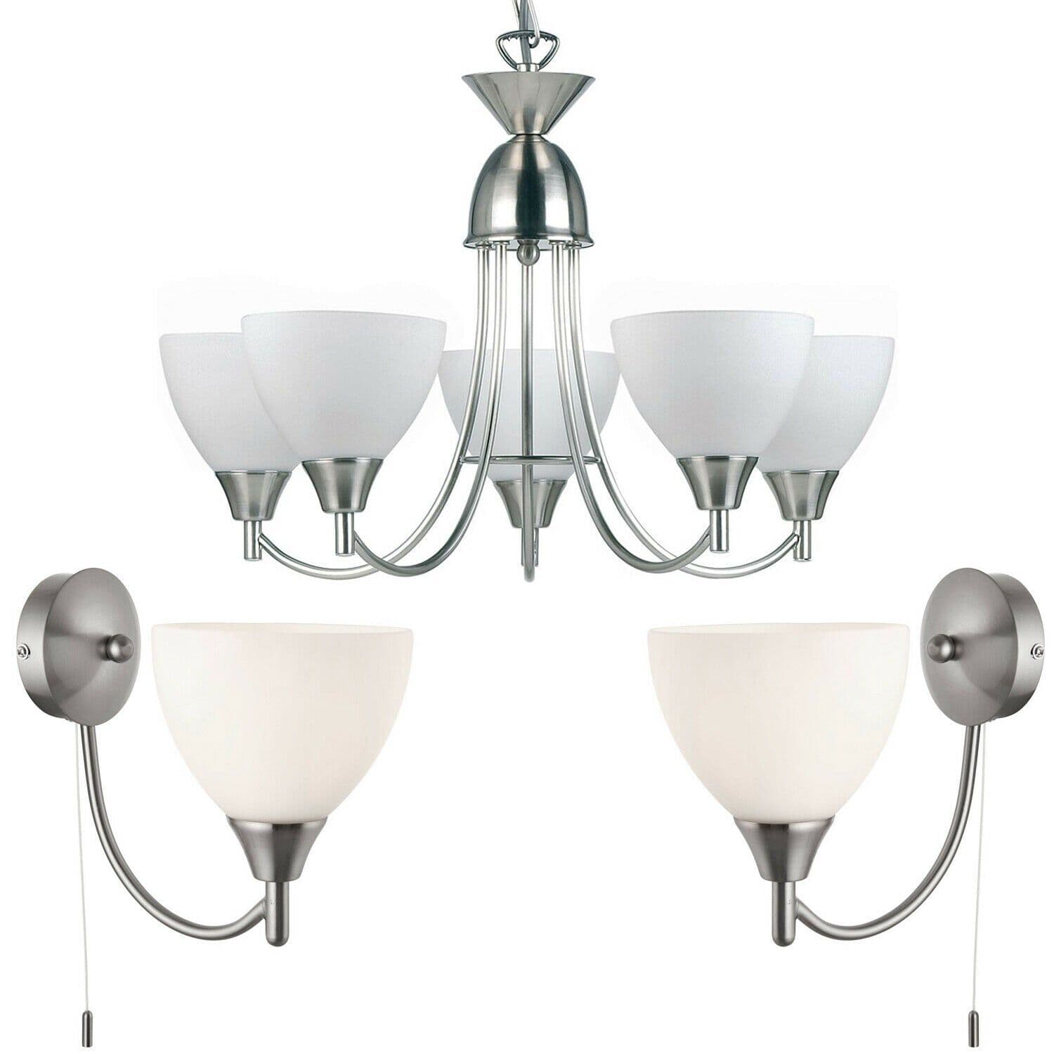 5 Lamp Ceiling & 2x Wall Light Pack Satin Chrome Glass Matching Indoor Fittings