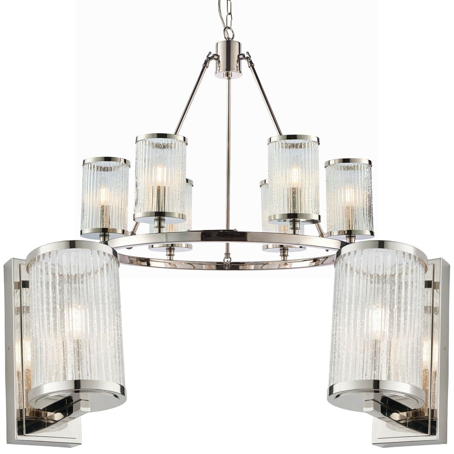 6 Lamp Ceiling & 2x Matching Wall Light Pack Bright Nickel & Ribbed Glass Shade