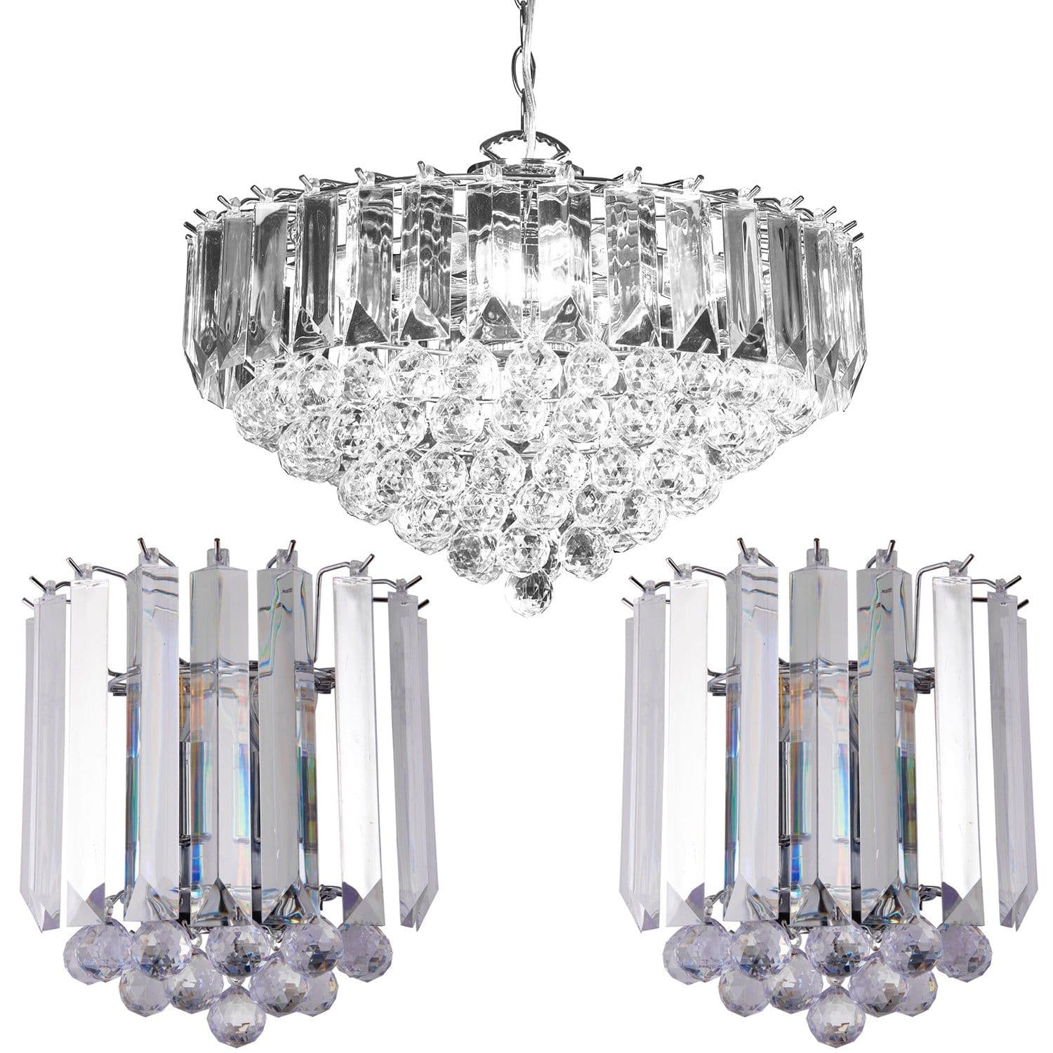 6 Lamp Ceiling & 2x Matching Wall Light Pack Large Chrome Pendant Acrylic Shade