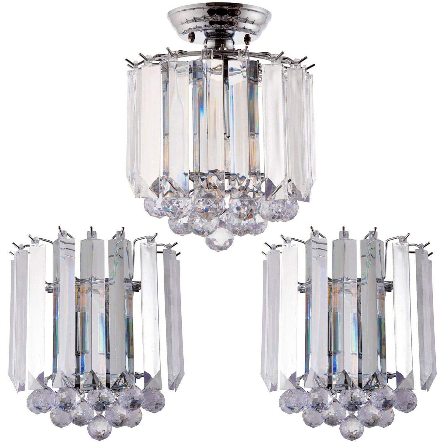 2 Lamp Ceiling 2x Matching Twin Wall Light Pack Semi Flush Chrome Acrylic Shade