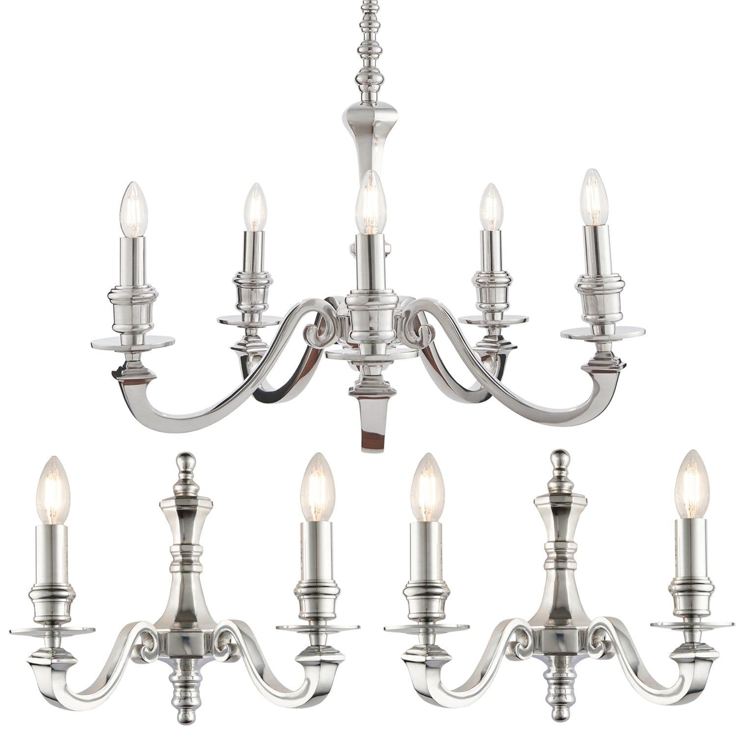 5 Lamp Ceiling & 2x Matching Twin Wall Light Pack Premium Aluminium Chandelier