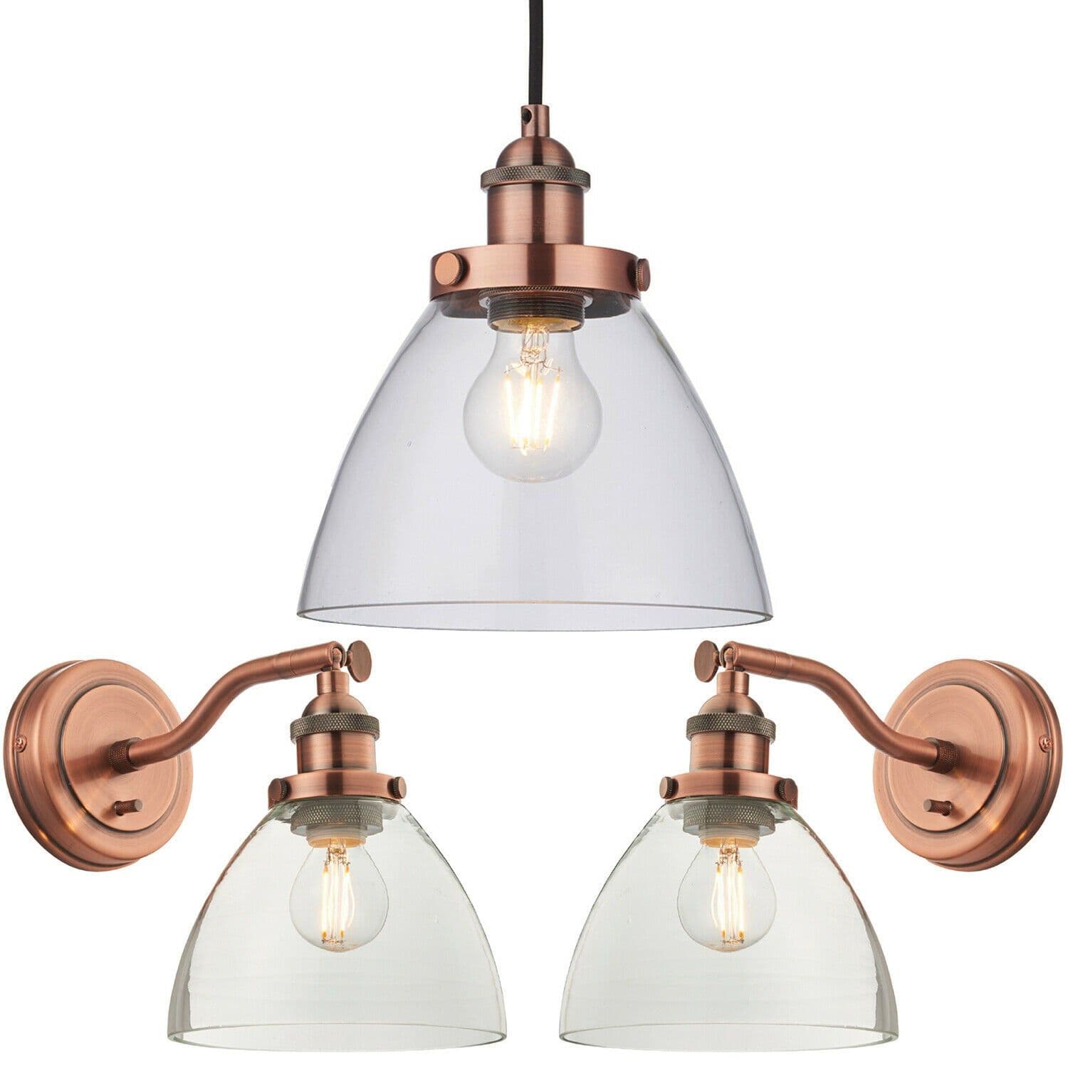 Ceiling Pendant & 2x Matching Wall Light Pack Aged & Clear Glass Shade