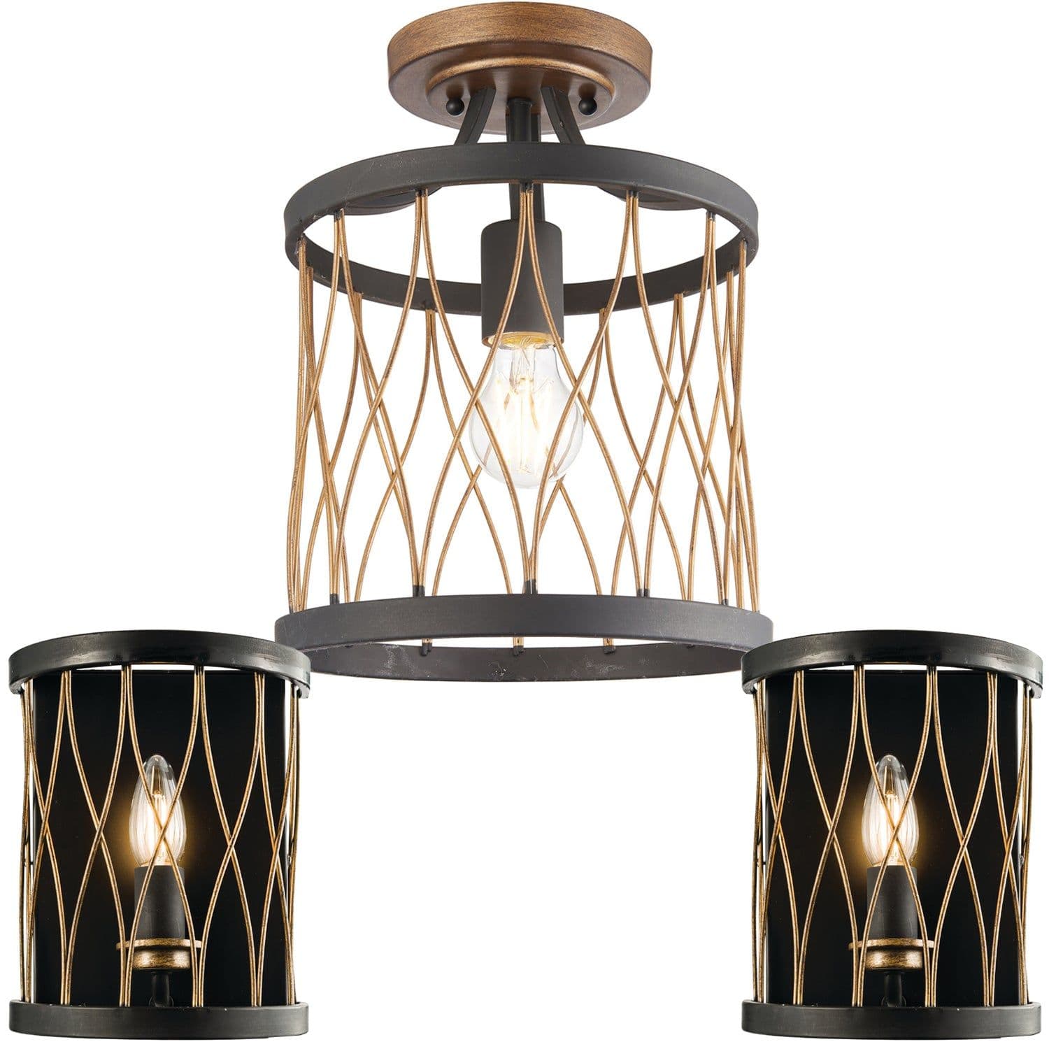 Ceiling Lamp & 2x Matching Wall Light Bronze Matt Metal Vintage Bulb Cage